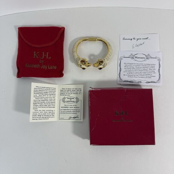 Kenneth Jay Lane, Enamel White Red Jeweled Double Ram Head Bracelet - Picture 6 of 16